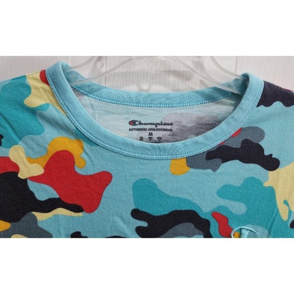 Champion Abstract Blue Camouflage AOP Logo Crewneck Short Sleeve T Shirt Size M - Picture 2 of 10